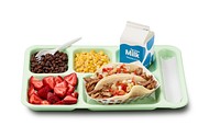 A school lunch tray showing a reimbursable meal for grades 9 through 12 served by the North East Independent School District in Texas. Also shows all of the MyPlate food groups offered at school lunch. For more information, visit www.fns.usda.gov/tn/school-meals-trays-many-ways. Find Team Nutrition resources for school lunch at: www.fns.usda.gov/tn/school-lunch-resources.