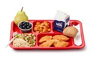 A school lunch tray showing a reimbursable meal for grades 9 through 12 served by Boston Public Schools in Massachusetts. Also shows all of the MyPlate food groups offered at school lunch. For more information, visit www.fns.usda.gov/tn/school-meals-trays-many-ways. Find Team Nutrition resources for school lunch at: www.fns.usda.gov/tn/school-lunch-resources.