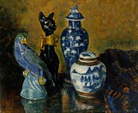 Still life with blue figurines, by Alfred William Finch