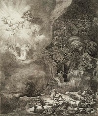The angel appearing to the shepherds, 1634, by Rembrandt van Rijn