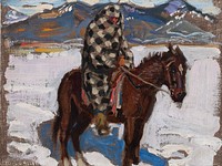 Native american on horseback in snow, 1925, by Akseli Gallen-Kallela