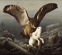 An eagle-owl seizes a hare, 1860, by Ferdinand von Wright