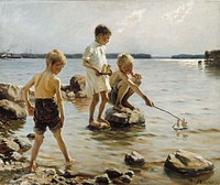 Boys playing on the shore (children playing on the shore), 1884, by Albert Edelfelt