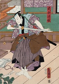 Näyttelijät kamezo, onoe kikugoro iv ja ichikawa kodanji iv näytelmässä sugawara denju tenarai-kagami (kaunokirjoitusta sugawaran oppien mukaan), 1857, by Utagawa Kunisada