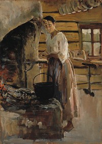 Woman cooking whitefish ; woman grilling fish, 1886, by Akseli Gallen-Kallela