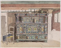 Painted cabinet, dated 1727, in a living room from Læsø by Martinus Rørbye