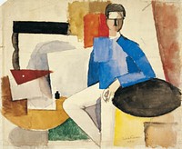 Cubist composition with seated man at a table by Roger De La Fresnaye