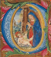 Madonna adoring the Child Jesus in illuminated initial C by Ubekendt Florentinsk