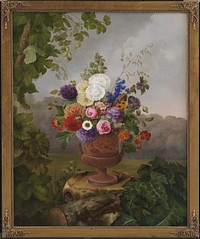 Greek style vase with flowers, standing on a tree stump by Hermania Sigvardine Neergaard