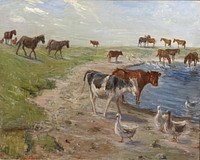 Calves and geese at a watering hole.Saltholm by Theodor Philipsen