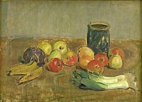 Nature morte.Apples, leeks, bananas, and green jar by Karl Isakson