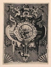 Scrollwork Escutcheon with Representation of Saint Luke the Evangelist, Jacob Floris The Elder