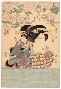 Pentaptych: Five girls with theater puppets, Utagawa Kuniyasu
