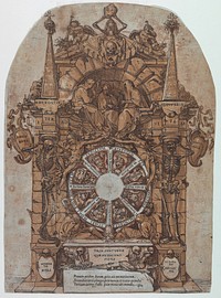 Triumph of Death with three fates in an architectural frame above a wheel of fortune flanked by skeletons; a skull and an hour glass at top and with wheel intended to spin at center, Andrea Andreani