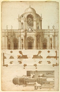Proposed Elevation, Section, and Plan for the Facade of San Giovanni, Laterano, Rome, Italy, Andrea Pozzo