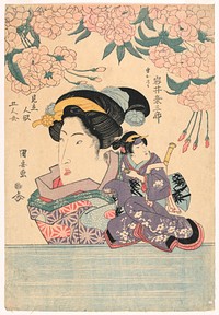 Pentaptych: Five girls with theater puppets, Utagawa Kuniyasu