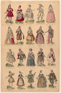 Design for a Print with Twenty Theatrical Costumes Worn in Paris Performances, Jean Victor Adam