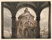 Stage Design, Atrium with the Temple of the Hospitallers for the Opera "La Straniera" by Vincenzo Bellini, Romolo Achille Liverani