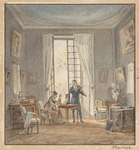 Salon Interior with Gabriel d'Arjuzon Playing the Violin and Pascalie Hosten, Comtess d'Arjuzon, Playing Guitar