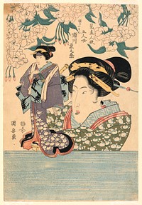 Pentaptych: Five girls with theater puppets, Utagawa Kuniyasu