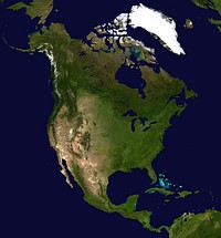 A composite satellite photograph of North America. The observer is centered at (40° N, 95° W), at Moon distance above the Earth.