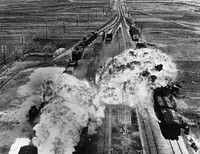 While trains were used to transport U.S. Soldiers and their equipment during the Korean War, trains in North Korea were targets of attack by U.S. and other U.N. forces. Here, U.S. forces target rail cars south of Wonsan, North Korea, an east coast port city.