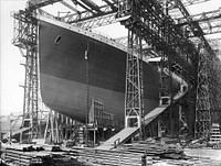 The Titanic ready for launch. The ship was constructed on Queen's Island, now known as the Titanic Quarter, in Belfast Harbour where was part of the Harland and Wolff shipyard.
