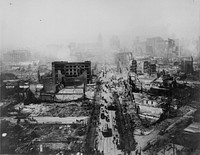 San Francisco, California, United States.Smoldering after the 1906 earthquake, called the Friscoquake.Taken from the tower of the Union Ferry Building. Market Street between Sacramento and Third Streets.ARC Identifier: 531006