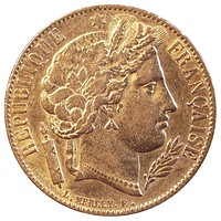 Monnaie de 20 francs 1851, deuxième république, atelier Paris, or 900/1000e, diamètre 21 mm, 6,45 gr. Graveur Louis Merley. Collection personnelle.