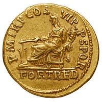 Trajan, aureus. Revers : P M TR P COS VI P P S P Q R - à l'exergue, FORT RED. La Fortune voilée, assise à gauche, les pieds posés sur un tabouret. Or, 7,36 gr. Rome, 114-116 ap.JC. Collection BnF : IMP-3346