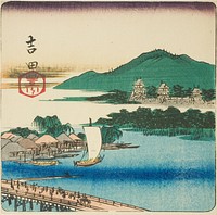 Toyo River at Yoshida (Yoshida, Toyokawa), section of a sheet from the series "Cutouts of the Fifty-three Stations (Gojusan tsugi harimaze)" by Utagawa Hiroshige