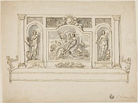 Neptune and Amphitrite Flanked by Jupiter and Juno: Design for Painted Hall or Garden Bench by James Thornhill