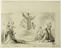 Saints Clement, Sebastian, Bruno, Francis of Paula, Anthony of Padua Worshipping Garment of the Virgin by Crispin de Passe, III