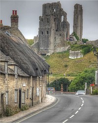 Corfe Castle, ancient ruin towers.