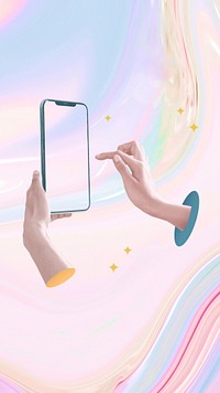 Colorful holographic aesthetic phone wallpaper, hands using smartphone 