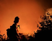 Ross Fork FireA wildland firefighter conducts a burnout operation at night on the Ross Fork Fire in Idaho. Photo by Austin Catlin, BLM