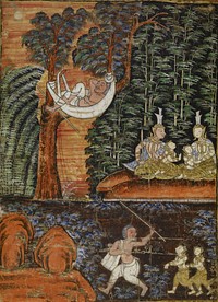 Vessantara Jataka, Chapter 11: Jujaka Treats Jali and Kanha Poorly; While Jujaka Sleeps the Children are Cared For (ca. 1875-1925) by Thai and Cambodian