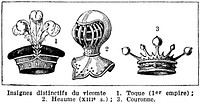 Insignia of a viscount (beret, helmet, crown symbols).Vintage book illustration (encyclopedia plate, chart, line art) from Larousse du XX&egrave;me si&egrave;cle 1932. Public domain.&Eacute;ditions Larousse is a French publishing house specialising in reference works such as dictionaries. It was founded by Pierre Larousse and its best-known work is the Petit Larousse.