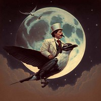 Nikola Tesla flies on the back of a bird to the moon by BeeBringer.