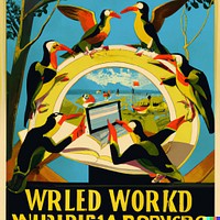 "Colorful WW2 propaganda poster showing birdwatchers editing Wikipedia" as interpreted by DALL-E. This was created for a presentation to the Brooklyn Bird Club about Wikipedia and Wikimedia Commons