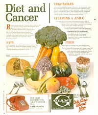 Title Diet and Cancer (Giant) AdDescription An ad from the Washington Post, November 6, 1985. The ad talks about fats, vegetables, Vitamin A and C, and fiber. It states the fiber or roughage may help prevent colon cancer. It also shows the 1-800-4-CANCER phone number.Topics/Categories Food and Drink Historical -- GraphicsType Color, PhotoSource National Cancer Institute