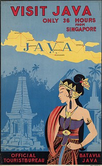 File name:08_05_000106Title:Visit Java. Only 36 hours from SingaporeDate issued:1910-1959 (approximate)Genre:Travel posters; LithographsSubject:Tourism; SightseersNotes:G. Kolff & Co.; Title from item.; Official Touristbureau Batavia JavaCollection:Boston Public Library, Vintage Travel PostersLocation:Boston Public Library, Special CollectionsRights:Rights status not evaluated