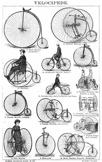 Drawing of various antique bicycles, or "velocipedes" as they were then called, from an 1887 German encyclopedia. Alterations to image: removed brown age discoloration from left side of image by subtracting smoothed copy of discoloration from image using GIMP, converted to 32 greyscale PNG format.