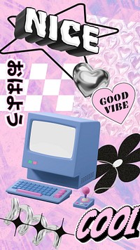 Pink y2k computer, typography collage art