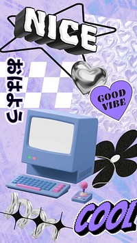 Purple y2k computer, typography collage art