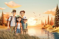 3D family trekking cartoon illustration