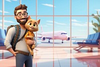 3D cat traveling with owner cartoon illustration