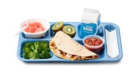 A school lunch tray showing a reimbursable meal for grades 9 through 12 served by Washougal Schools in Washington. Also shows all of the MyPlate food groups offered at school lunch. For more information, visit www.fns.usda.gov/tn/school-meals-trays-many-ways. Find Team Nutrition resources for school lunch at: www.fns.usda.gov/tn/school-lunch-resources.
