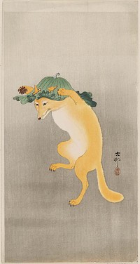 Dancing Fox with Lotus-leaf Hat (1910) by Ohara Koson.