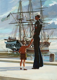 "Heritage", by Louis James Nolan, Jr. (signed on the lower left), gouache on illustration board, painted and printed in 1959; re-printed in 1973, used throughout the Vietnam War and post-Vietnam War era. Nolan painted it under contract to the Navy Recruiting Command. It is one of the most recognized Navy images of the past 60 years and was recently incorporated into the logo of the Naval History and Heritage Command (NHHC). The original painting hangs in the stairwell of the Fleet and Family Support Center aboard Naval Base San Diego. Nolan's brother, Bryan Hoyt Nolan (1944–2010), who then was a sailor, and Nolan's son, James Nolan, posed for the painting. Nolan painted it in his backyard in Bethesda, Maryland.[11] The painting depicts a Petty Officer First Class holding the hand of a child on a pier, looking at the historic USS Constitution (Old Ironsides). Catalog no. NH 67050-KN; NH Accession nos. 83-076-A & 69-274-V-01; OCLC 895002022.RAD 67509RAD 74715